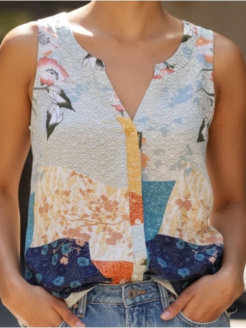 Sanctuary Floral Patchwork V-Notch Tank - Blue, Cream, Yellow, Navy